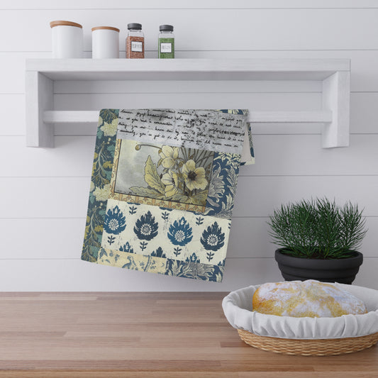 Vintage Floral Patchwork Tea Towel – Blue Botanical Kitchen Linen