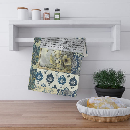 Vintage Floral Patchwork Tea Towel – Blue Botanical Kitchen Linen - DesignBohemian