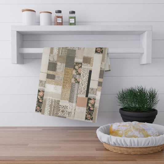 Vintage Patchwork Floral Tea Towel — Neutral Cottage Kitchen Linen - Cotton Twill - DesignBohemian