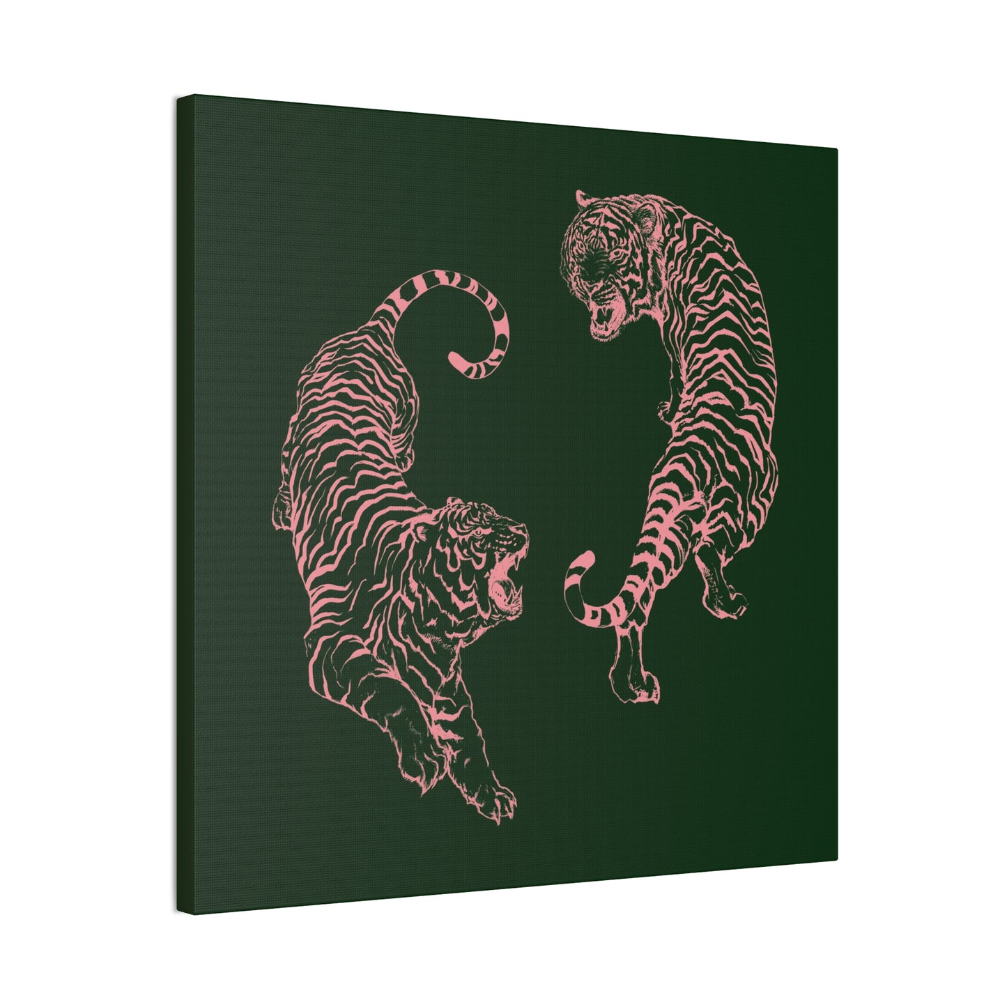 Pink Tigers Canvas Art - Dark Green and Pink Japanese Tigers - Wrapped Canvas Art