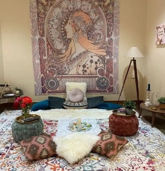 Art Nouveau Zodiac Tapestry Bohemian Wall Hanging Large Artwork Hippie Lady Mucha by DesignBohemian