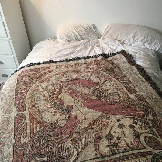 Art Nouveau Zodiac Woven Blanket: Mucha Style Bohemian Tapestry by DesignBohemian