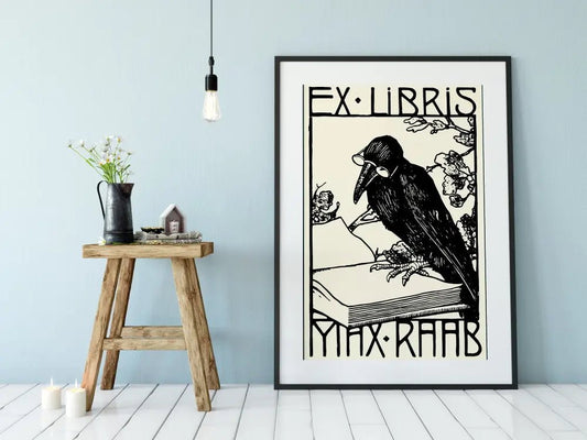 Bird Reading Vintage Ex Libris Crow Art Nouveau Print Premium Archival Quality Poster by My Store