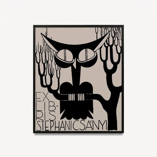 Cute Vintage Owl Print Art Nouveau Poster Black Beige Exlibris Wall Art For Elegant Rooms by My Store