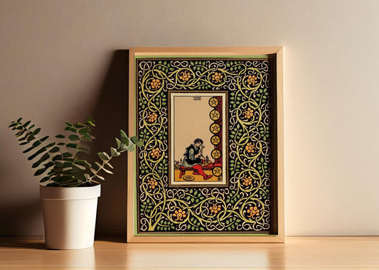 Eight of Pentacles - Vintage Shabby Chic - Tarot Poster - Nouveau Tarot Card Poster - Green and Yellow Floral - Art Nouveau Tarot Print