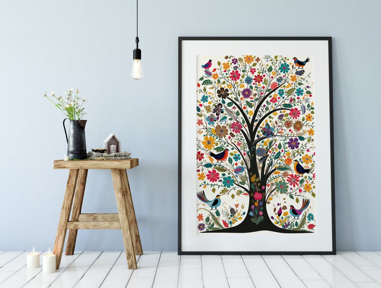 Tree Of Life Print - Colorful Floral Tree with Birds - Tree Poster Art