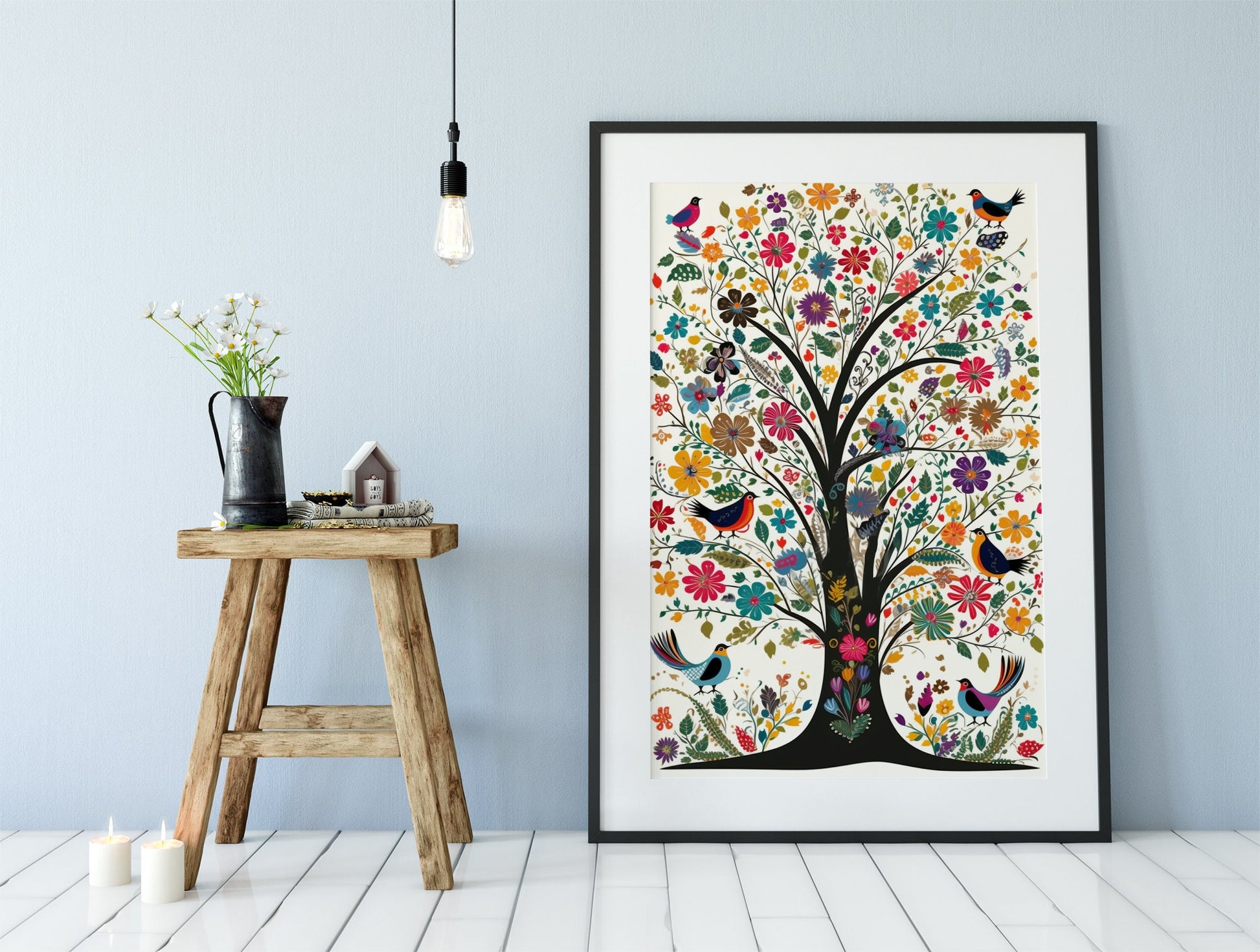 Tree Of Life Print - Colorful Floral Tree with Birds - Tree Poster Art