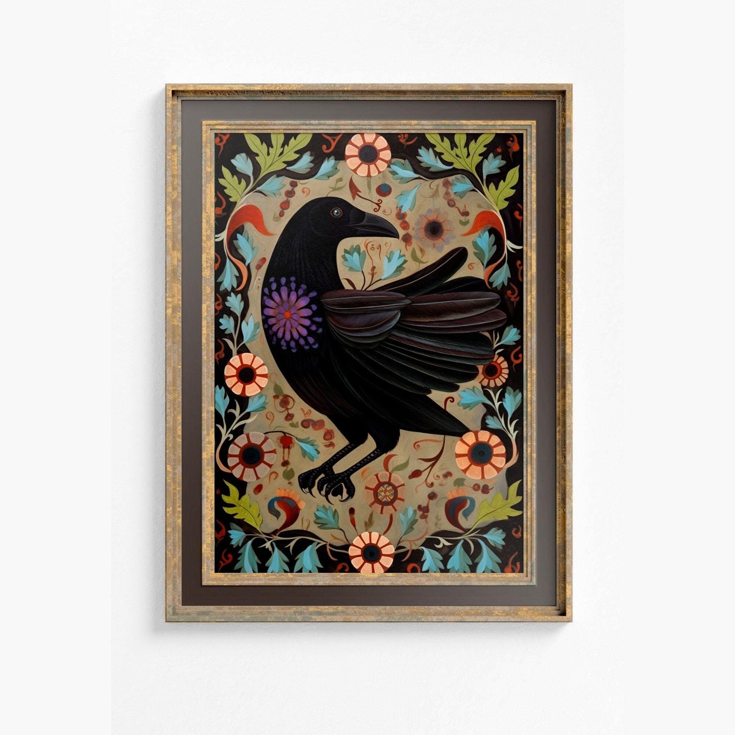 Folk Art Crow Print - Raven Wall Art - Crow Spirit Poster - Ravens and Flowers - Vintage Beige