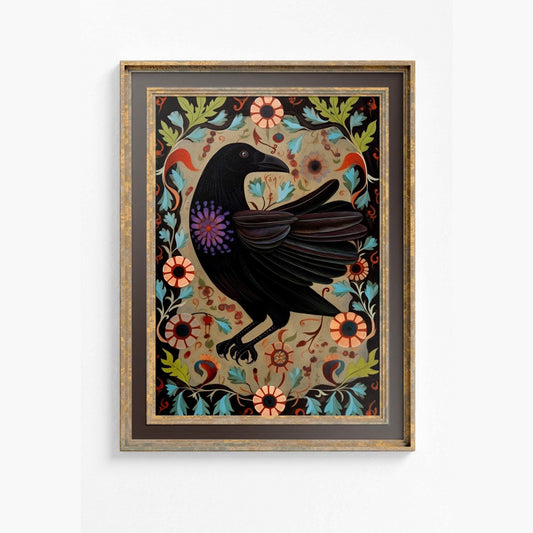 Folk Art Crow Print - Raven Wall Art - Crow Spirit Poster - Ravens and Flowers - Vintage Beige
