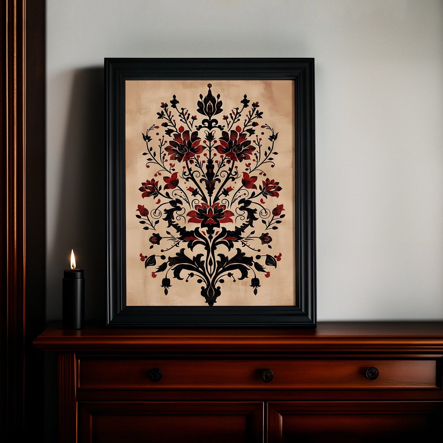 Gothic Ornament Print - Black and Dark Red Floral Poster - Dark Academia