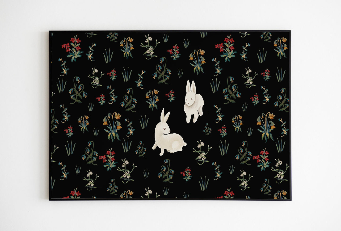 Medieval Tapestry Style Spring Print: Bunnies and Flora Art