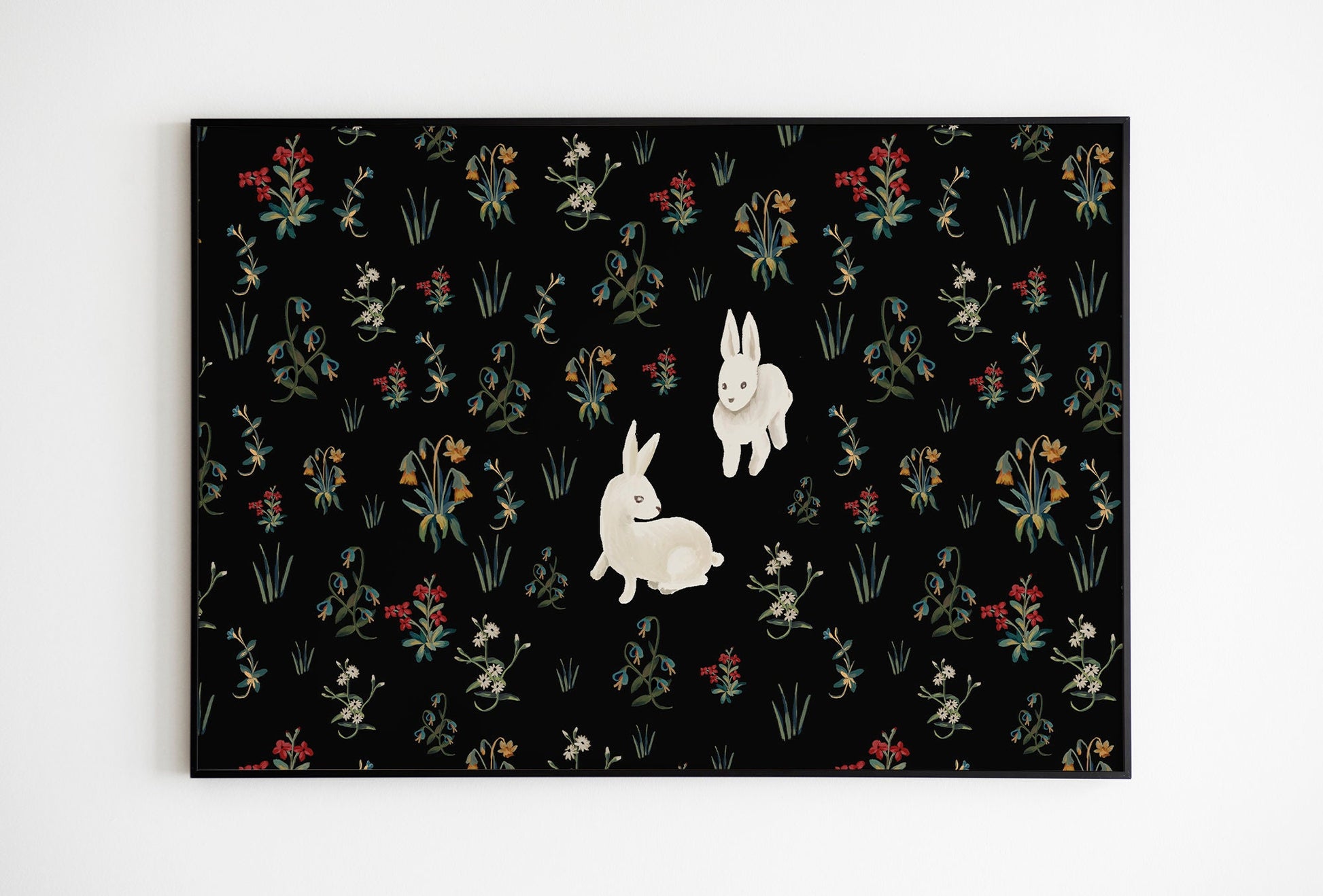 Medieval Tapestry Style Spring Print: Bunnies and Flora Art
