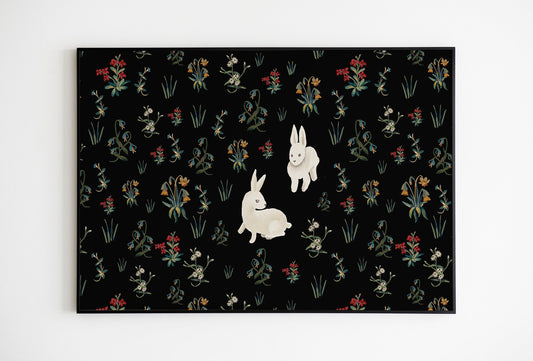 Medieval Tapestry Style Spring Print: Bunnies and Flora Art