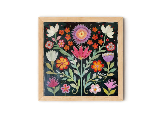 Folk Art Flowers - Colorful Folk Art Floral Print - Black Background