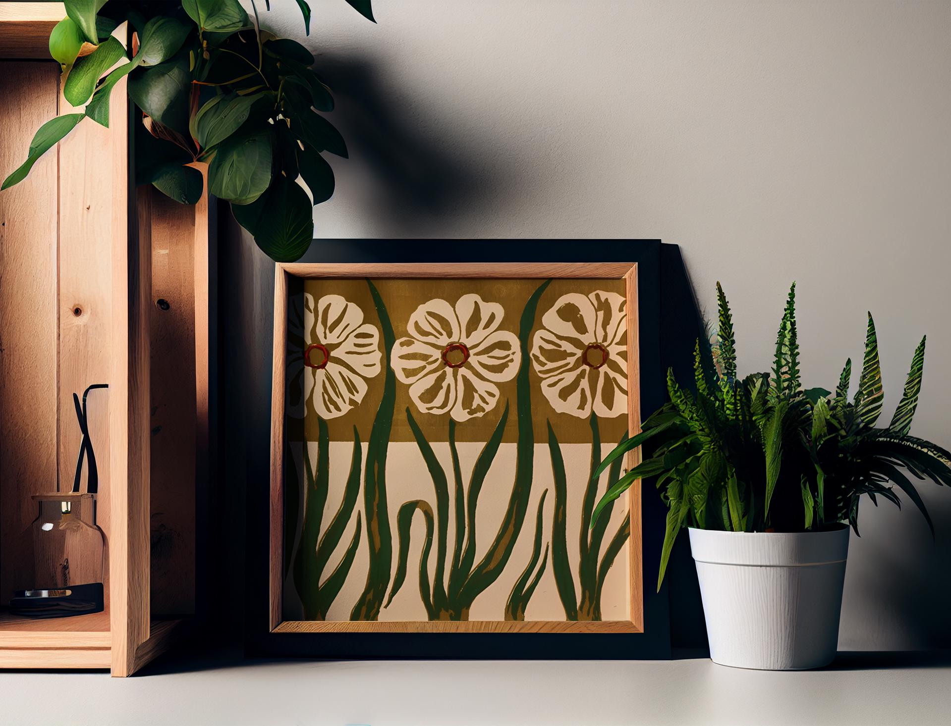 Vintage Flowers Painting - Print - Beige and Green - Art Nouveau Floral- Mandala Square - For Your Sacred Space
