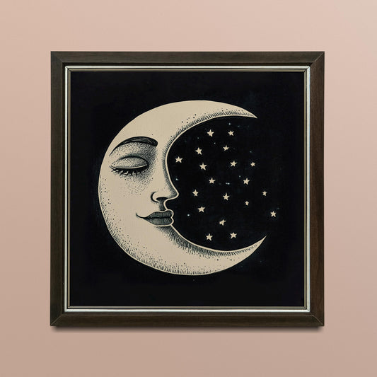 Vintage Moon Print With Face In Black And Beige Art Nouveau Shabby Chic Poster Fine Art by DesignBohemian