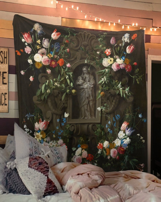 Virgin Mary Tapestry – Floral Garland, Gothic Wall Art