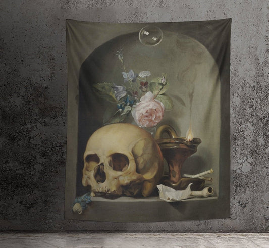 Skull And Roses Gothic Tapestry - Vanitas Vanitatum - Memento Mori Art- Hendrick Andriessen 1600s
