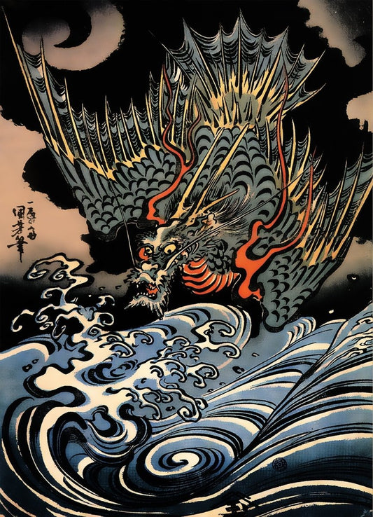 Japanese Dragon Tapestry - Ukiyo-e Style Wall Art (26x36")
