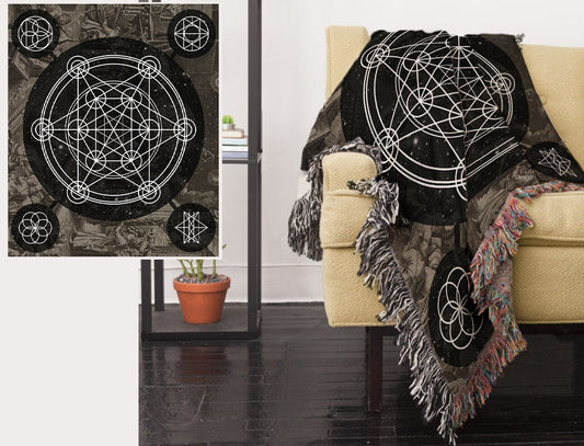 Sacred Geometry Woven Cotton Blanket: Neutral Meditation Wall Hanging by DesignBohemian