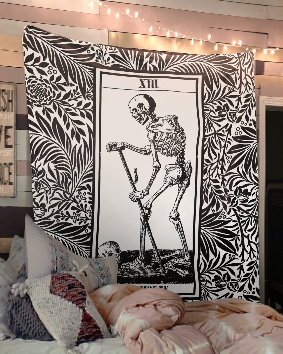 Death Tarot Card Tapestry - La Mort Black and Gray Wall Hanging