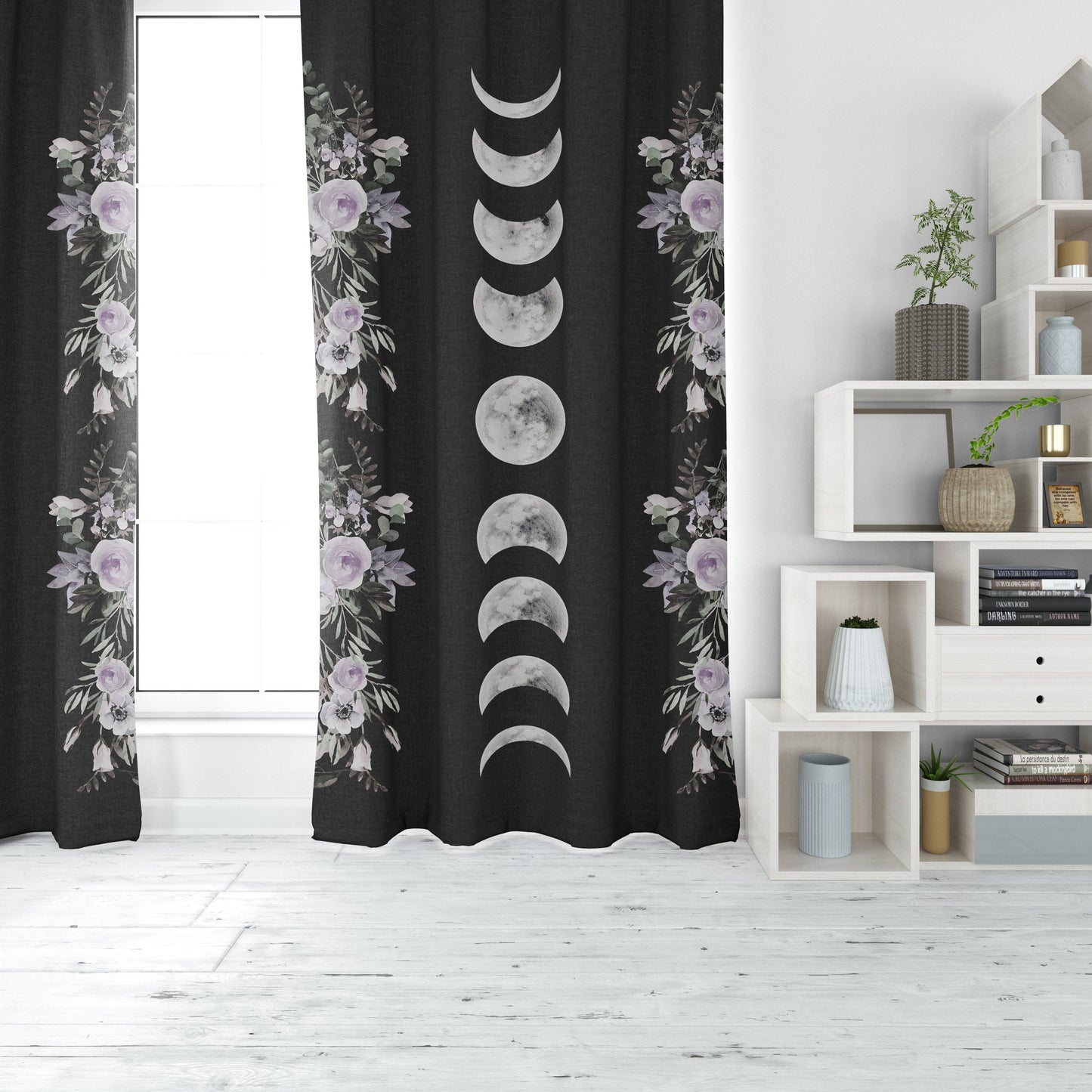 Floral Moon Phase Blackout Curtain: Bohemian Window Panel by DesignBohemian