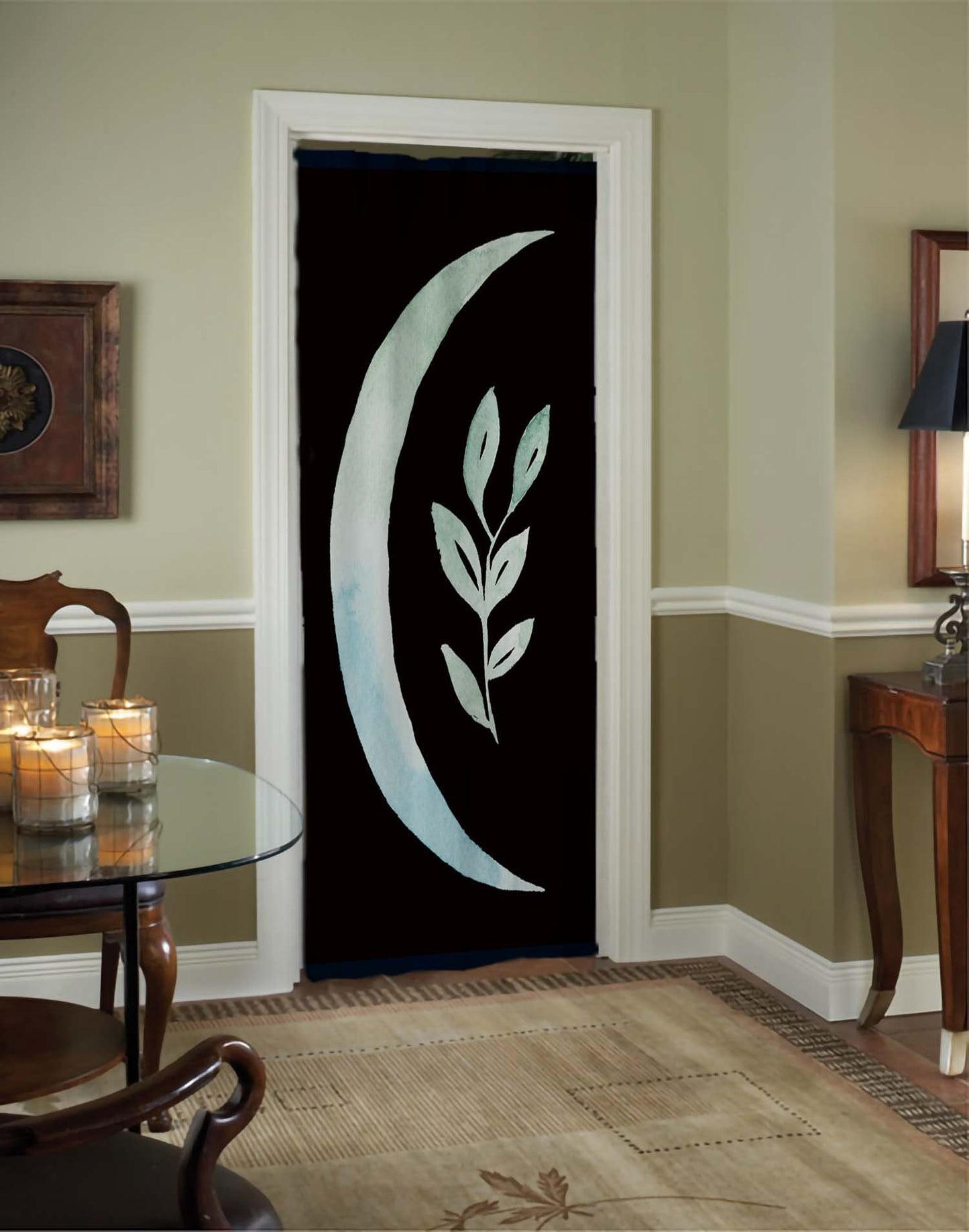 Green Moon Curtain Door Panel - Watercolor- Curtains Moon Alchemy Design Bohemian Art by DesignBohemian