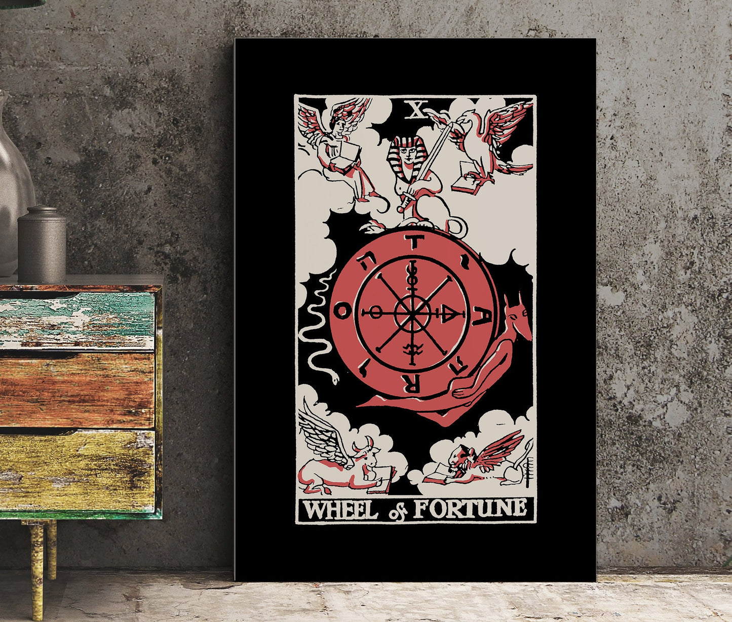 Wheel of Fortune - Tarot Card Three Color Print - Tarot Card The Wheel of Fortune Card 3 Color Poster, No Frame