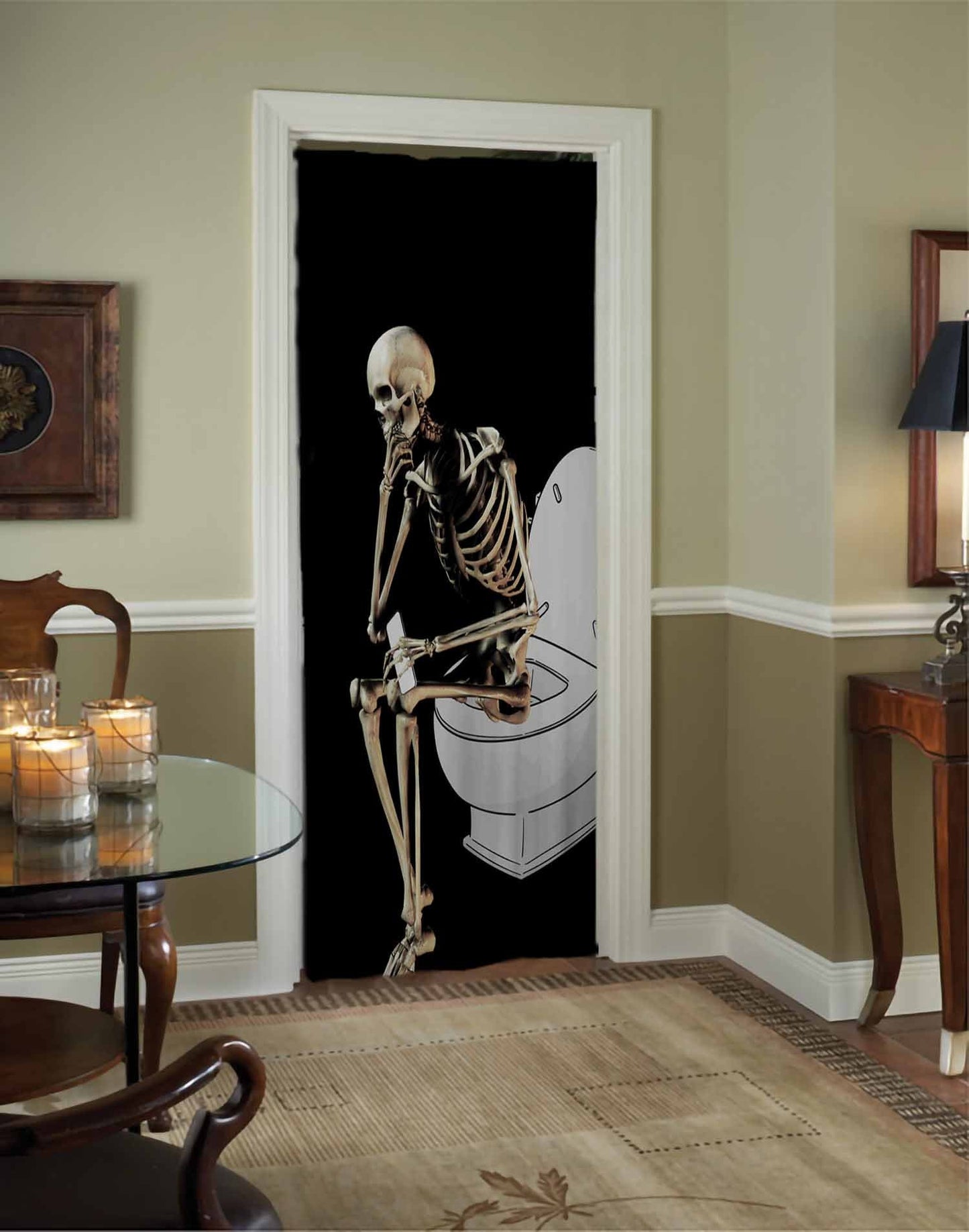 Skeleton on Toilet Door Panel Curtain - Bohemian Art Privacy Curtain by DesignBohemian