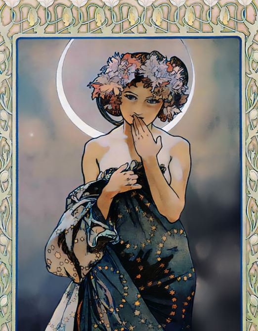 Mucha Moon Print - Art Nouveau Poster Bohemian Print Large Artwork - Floral - Long Poster - alphones mucha
