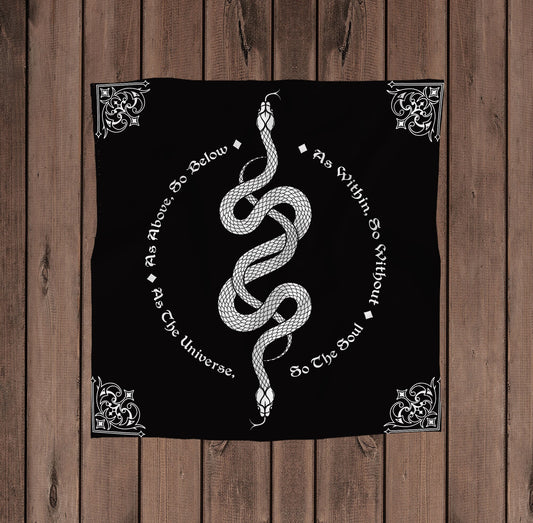 Snake Tarot Altar Cloth: Black and White Cotton 'As Above So Below' by DesignBohemian
