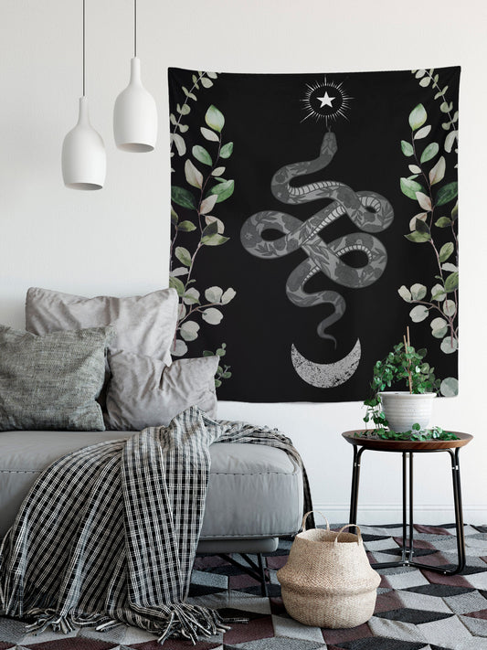 Moon and Snake Tapestry: Black & White Eucalyptus Wall Hanging by DesignBohemian