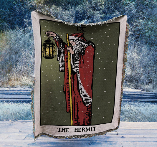 Christmas Woven Blanket - The Hermit as Santa Clause Tarot Card - Rider Waite Deck - Cotton