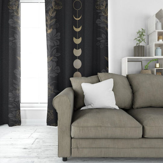 Gold Moon Phases Curtain with Flowers - Moon Alchemy Design Bohemian Art by DesignBohemian