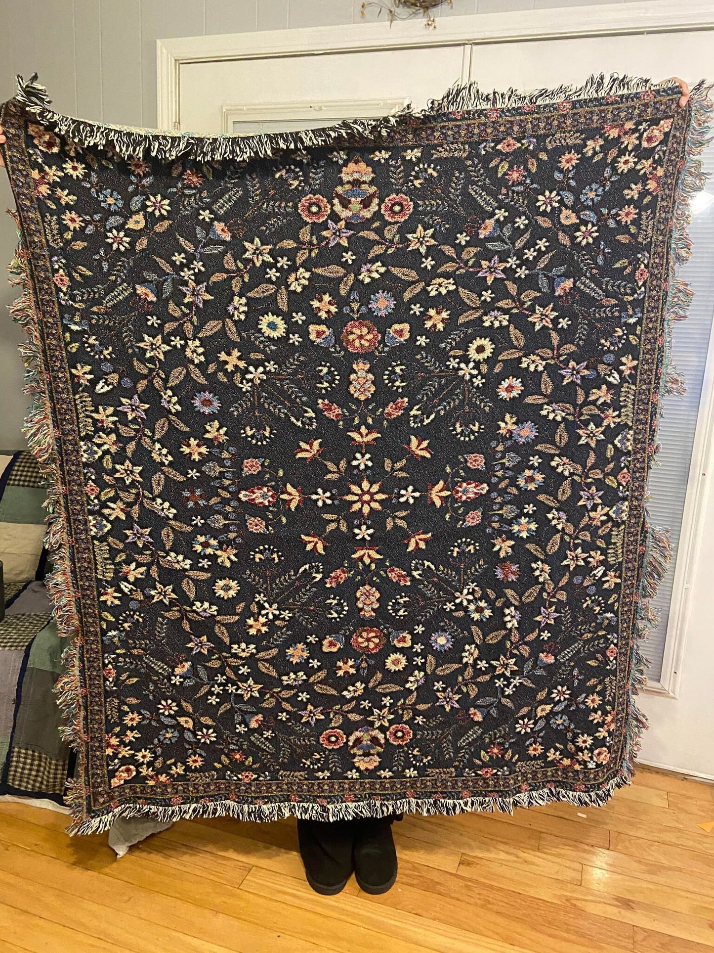 Blue Floral Tapestry Blanket: Woven Cotton Bohemian Throw by DesignBohemian