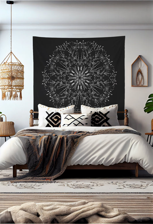 Wildflower black and white Watercolor Flowers Mandala Tapestry Wall Hanging Meditation Yoga Grunge Hippie by DesignBohemian