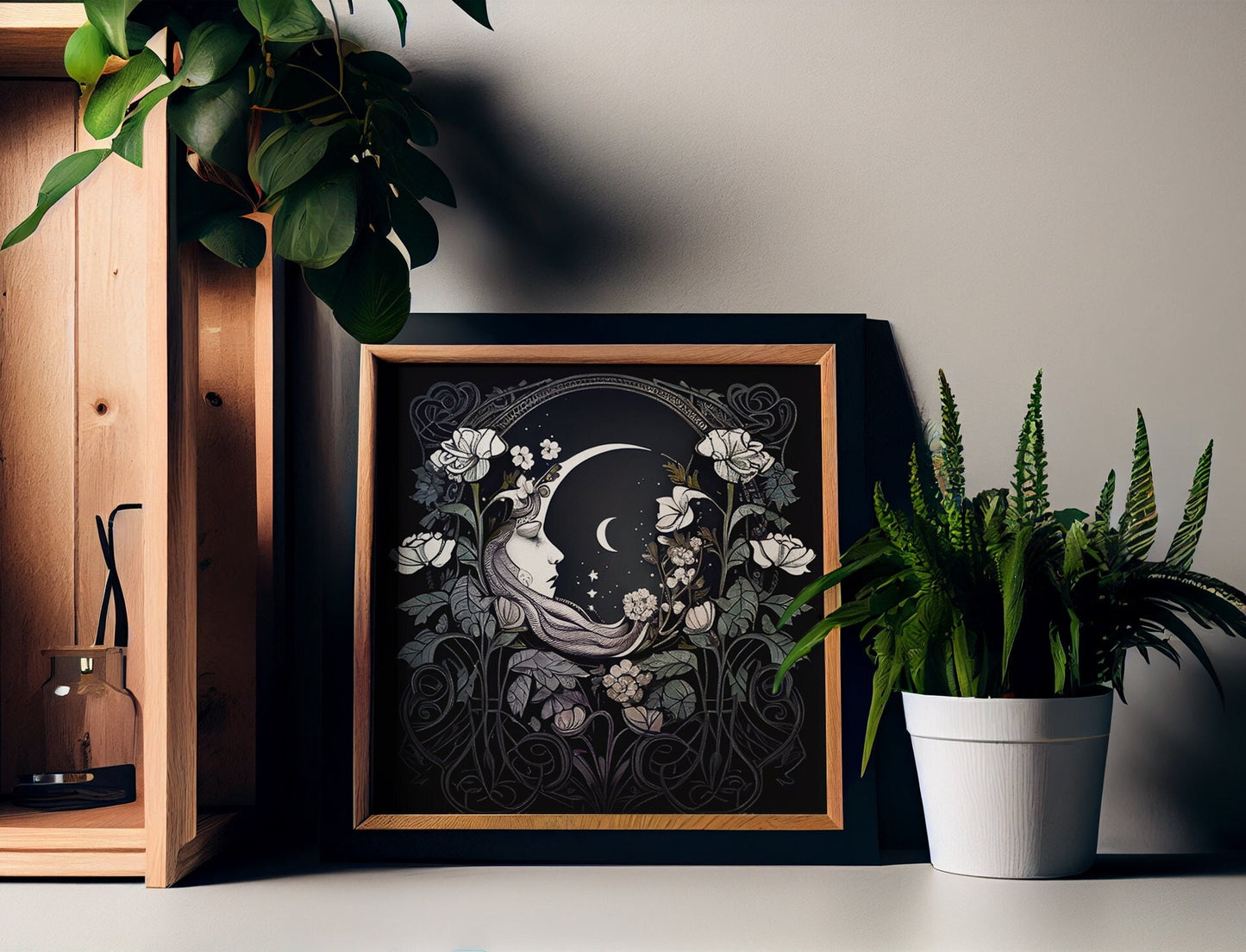 Art Nouveau Moon Print: Moon Flowers Square Poster by DesignBohemian
