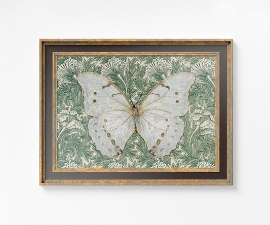 William Morris Green Floral Print - Vintage Butterfly Print Large Artwork - Beige, and Green - Vintage