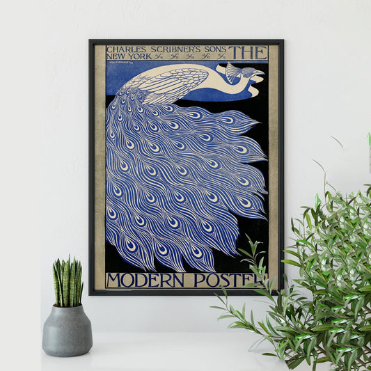 Vintage Peacock Print - Indigo - Art Nouveau Poster Floral Print Bohemian Print Large Artwork