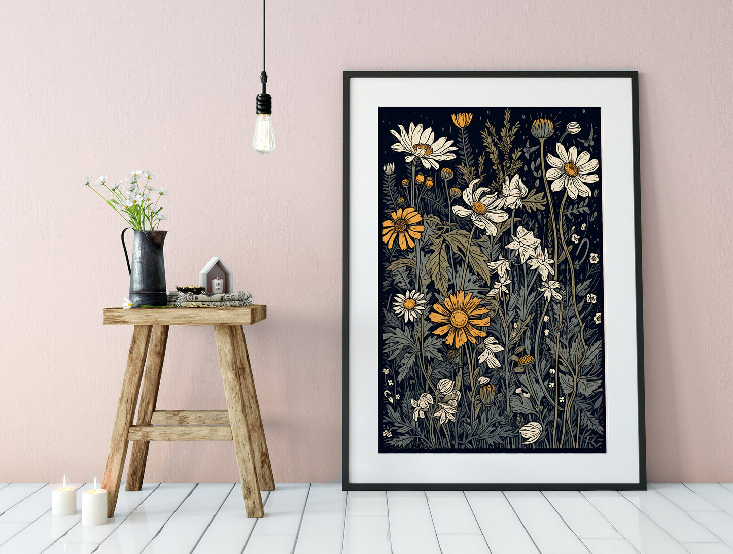 Vintage Wildflowers Print - Blue and Yellow - Bohemian - Large Artwork