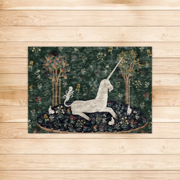 Vintage Art Rug - Lady with Unicorn - Marbled Velvet Rug - With Fringe or Without