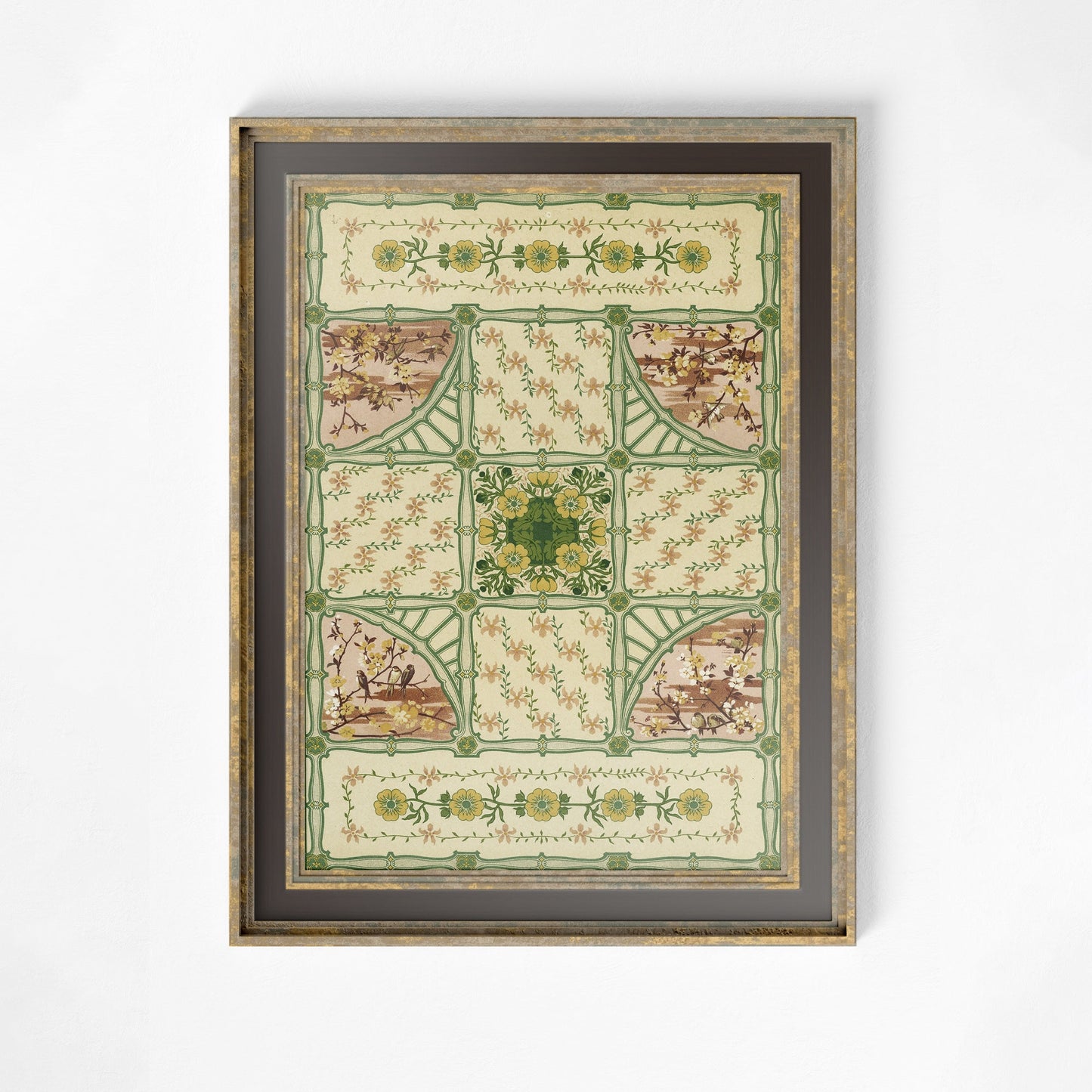 Vintage Green Floral Art - Ornate Nouveau Print - Bohemian Print Large Artwork - Green and Beige