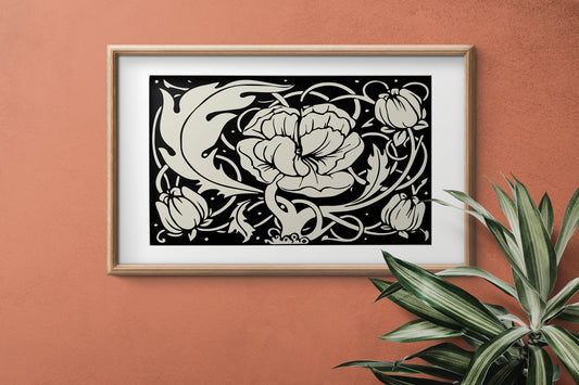 Aubrey Beardsley - Poppy Floral - Ornamental Art Nouveau - Floral - Vintage Black and Beige Print