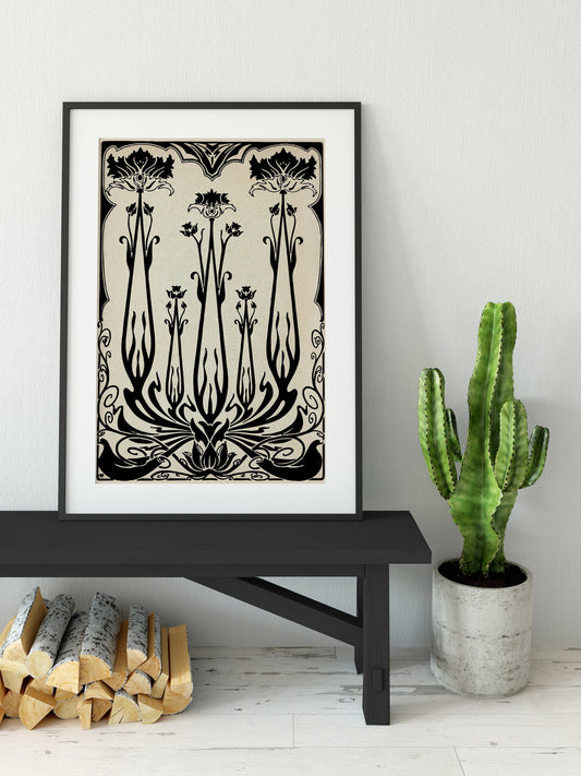 Art Nouveau Floral Poster - Vintage Design - Ornamental Print - Large Artwork - Beige and Black