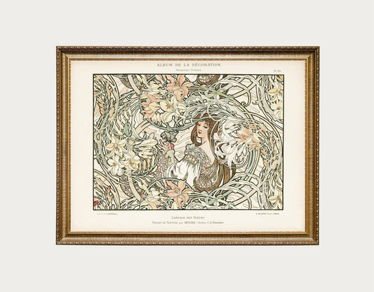 Mucha Original - Art Nouveau Poster Floral Print - Large Artwork Mucha - Beige, Pink, and Green - Paris Vintage