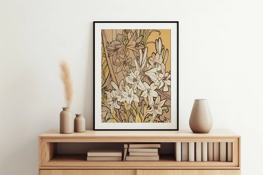 Vintage Mucha Floral Print - Beige and Yellow - Art Nouveau - Poster Floral Large Artwork - Neutral Floral