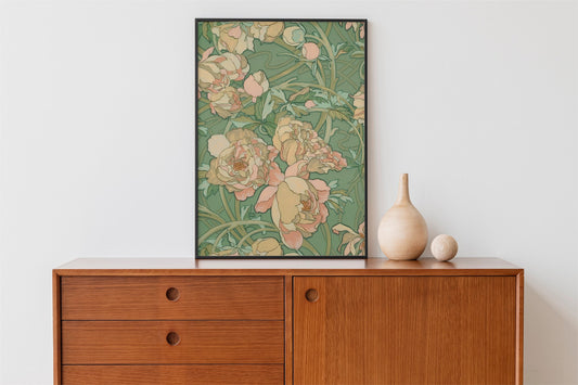 Vintage Green Floral - Peach Nouveau Flower Print - Bohemian - Print Large Artwork - Green and Pink