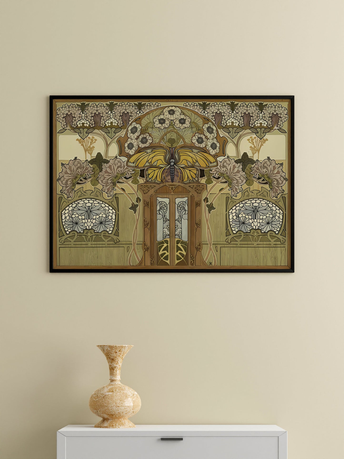 Nouveau Fleurs Print - Yellow and Beige Art - Art Nouveau Poster - Floral Print - Print Large - Paris Vintage Butterfly Stained Glass