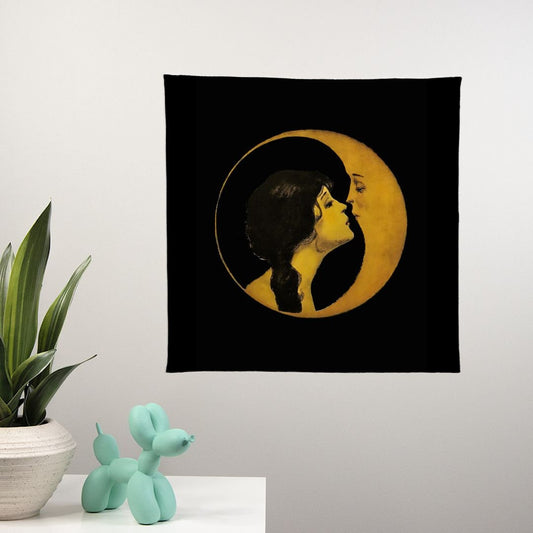 Woman Kissing Moon Tapestry in Black Square - Art Nouveau Wall Hanging