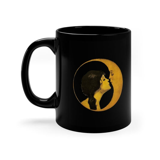 Woman Kissing Moon Mug 15 oz. Art Nouveau Mug - Vintage Black Coffee Cup - Moon Face Mug